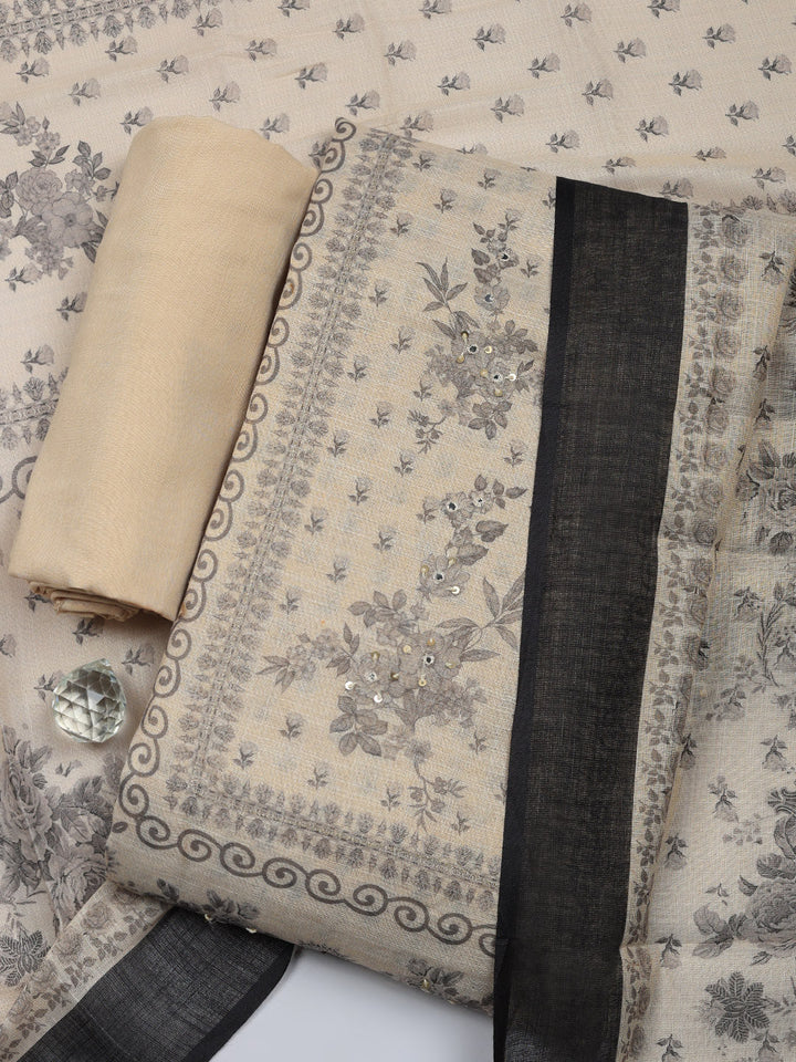 Embroidered Linen Blend Unstitched Suit With Pant &amp; Dupatta