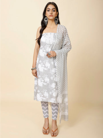 Floral Print Cotton Unstitched Suit Piece With Dupatta