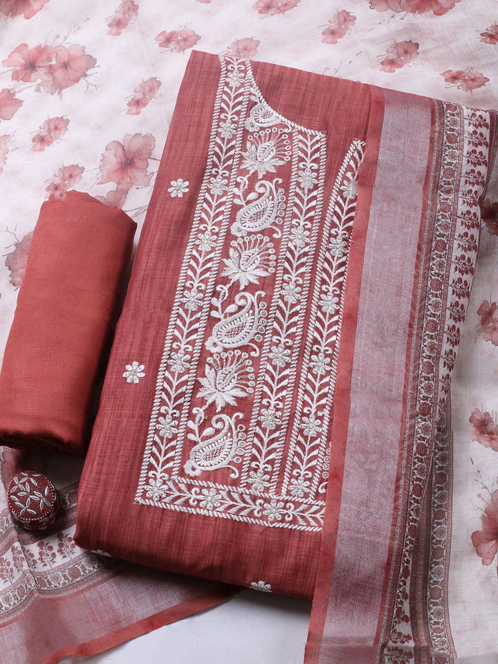 Embroidered Linen Blend Unstitched Suit With Pant &amp; Dupatta