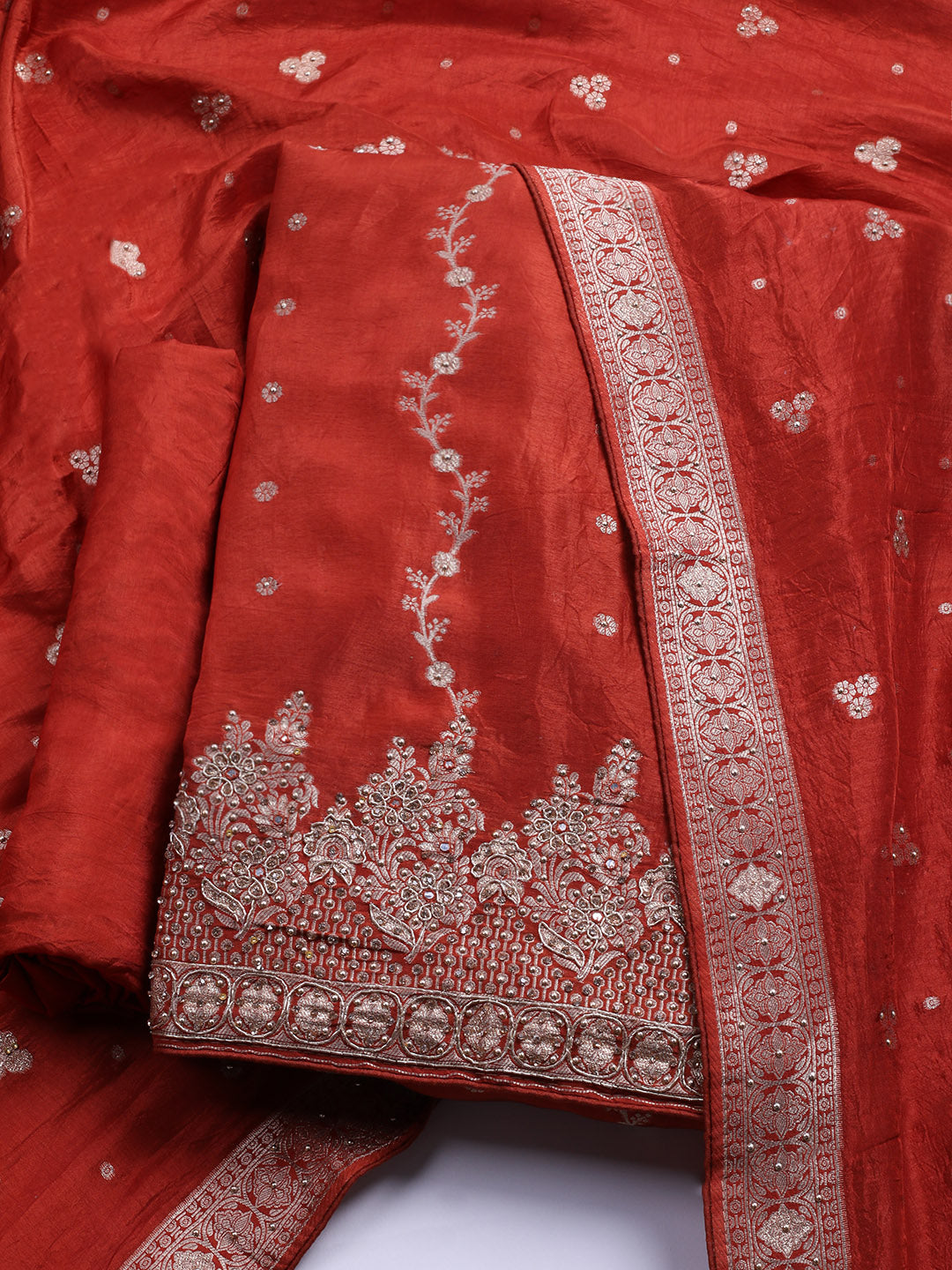 Embroidered Art Silk Unstitched Suit With Dupatta
