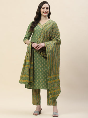Printed Cotton Suit Set With Dupatta