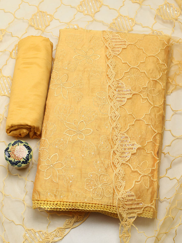 Embroidered Chanderi Unstitched Suit With Pant &amp; Dupatta
