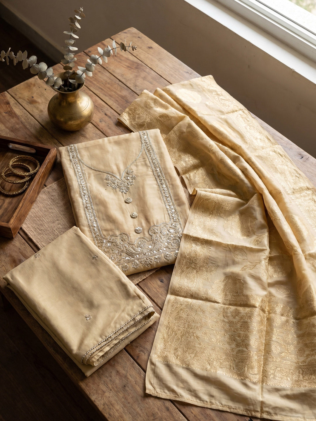 Neck Embroidered Cotton Blend Unstitched Suit With Dupatta