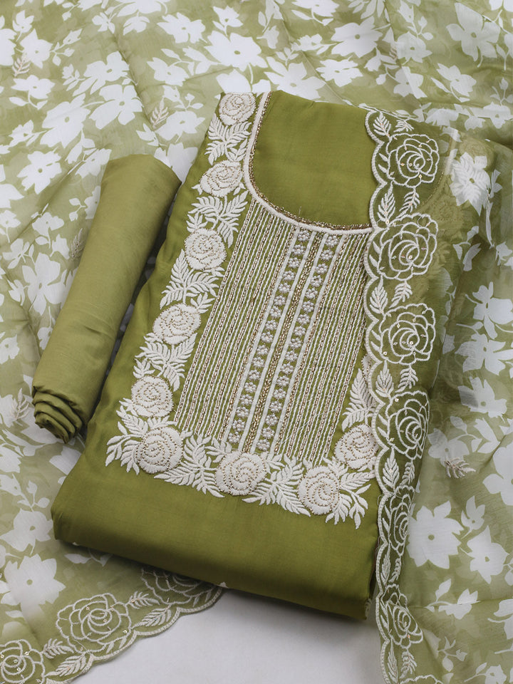 Neck Embroidered Chanderi Unstitched Suit With Dupatta