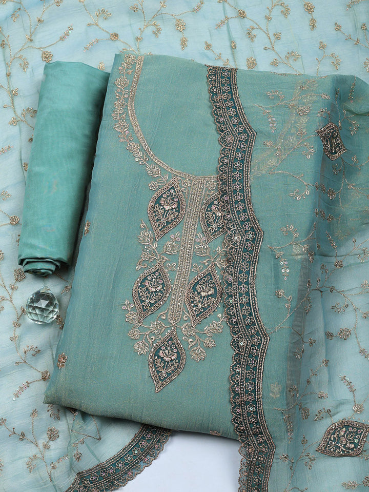 Embroidered Tissue Unstitched Suit With Pant &amp; Dupatta