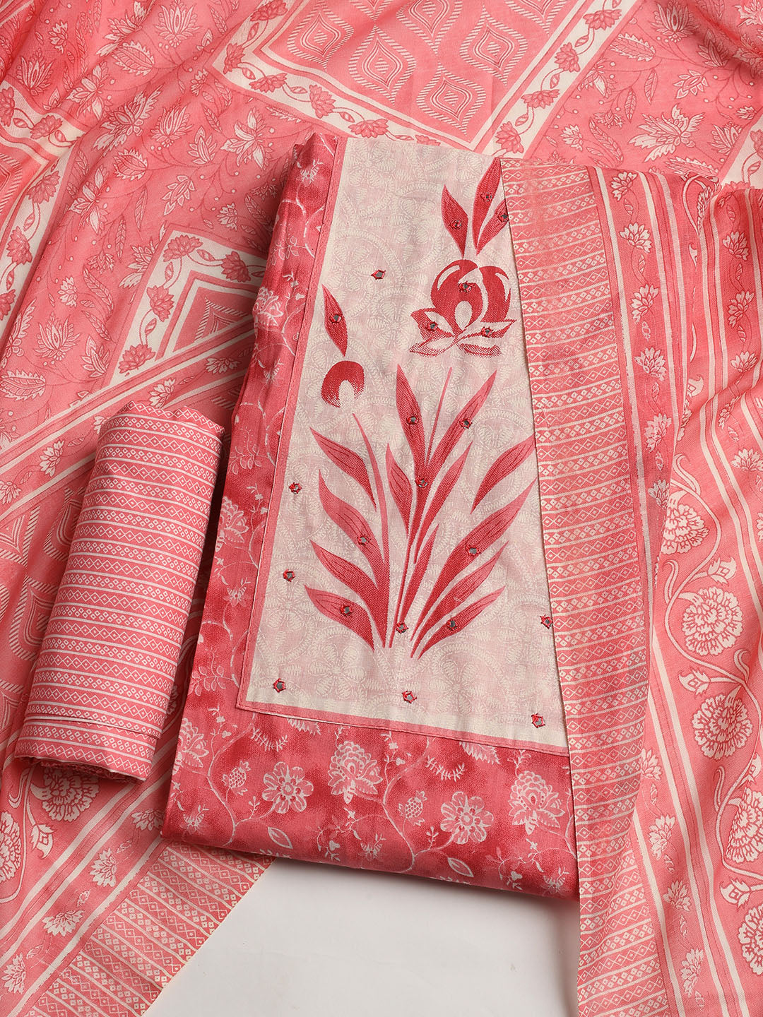 Printed Cotton Blend Unstitched Suit With Dupatta