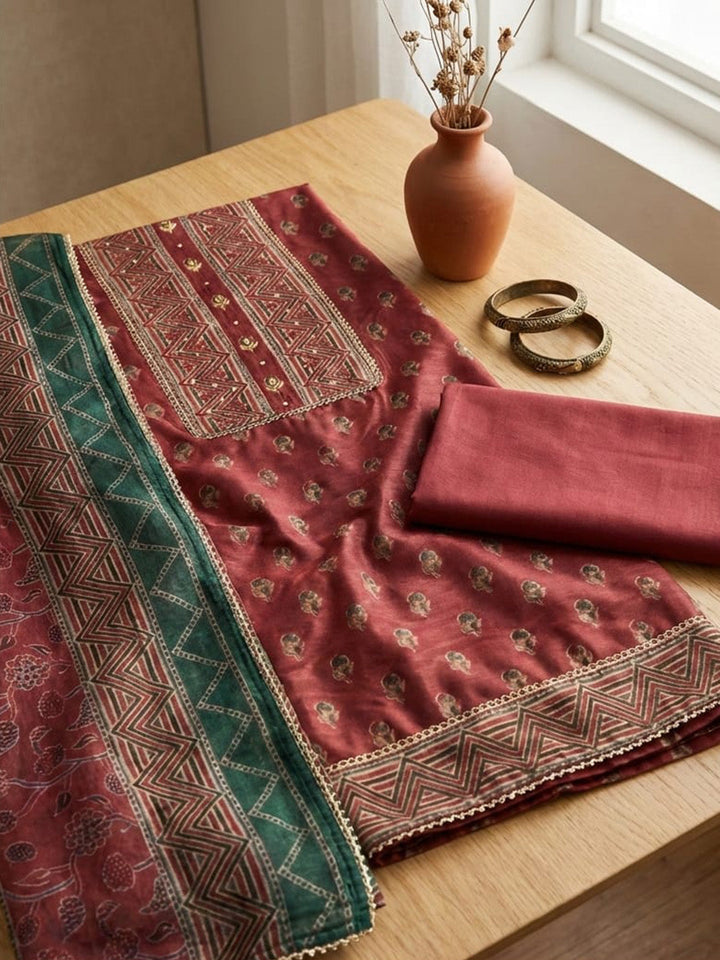 Printed Chanderi Unstitched Suit With Pant &amp; Dupatta