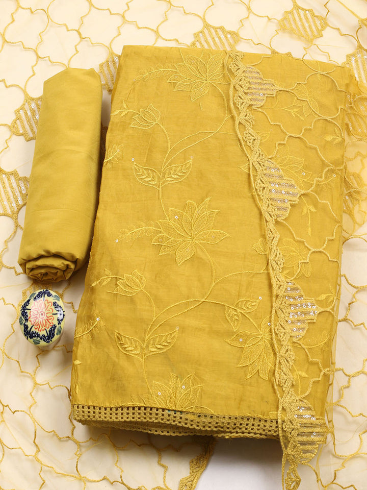 Embroidered Chanderi Unstitched Suit With Pant &amp; Dupatta