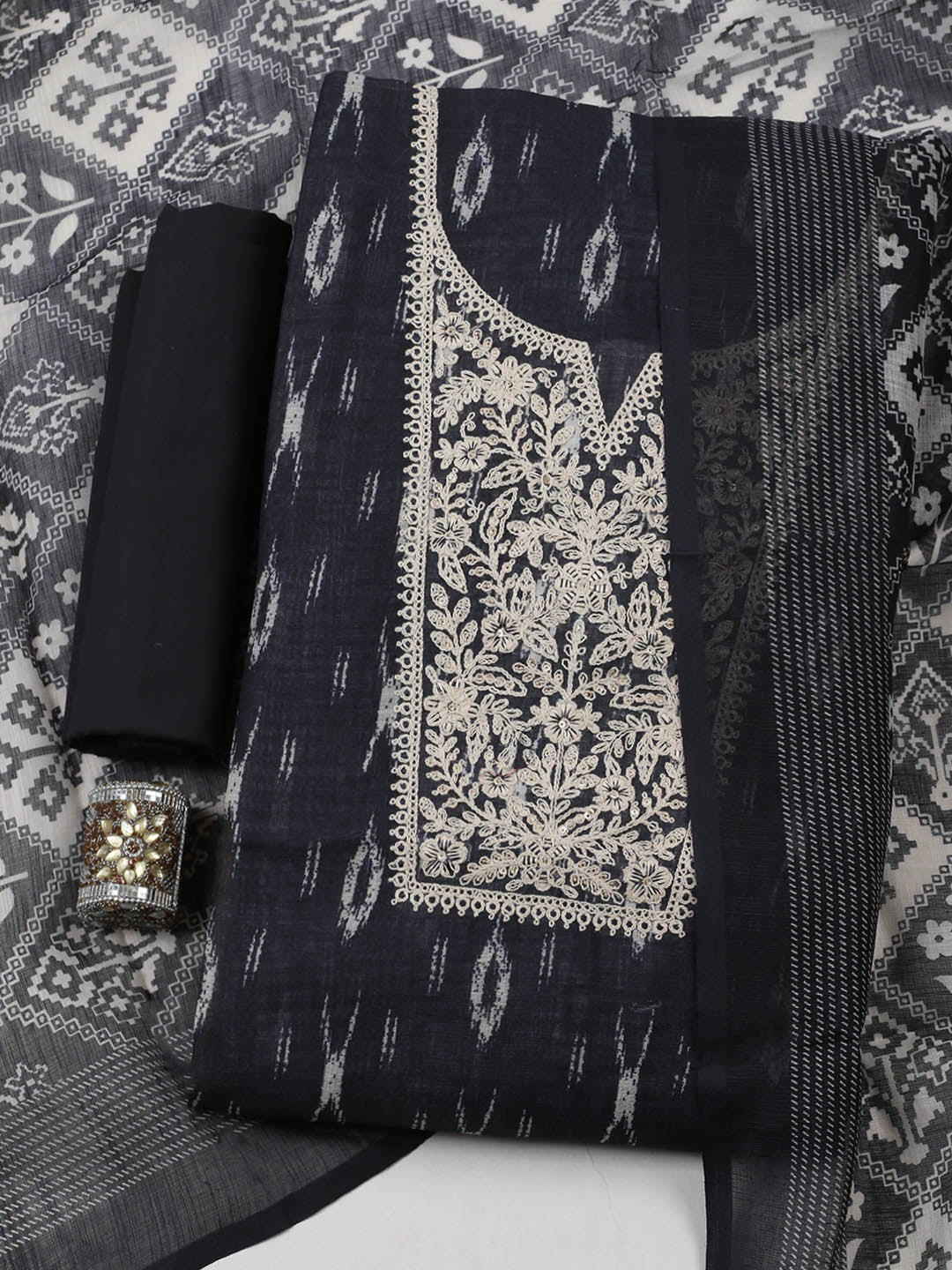 Embroidered Linen Blend Unstitched Suit With Pant &amp; Dupatta