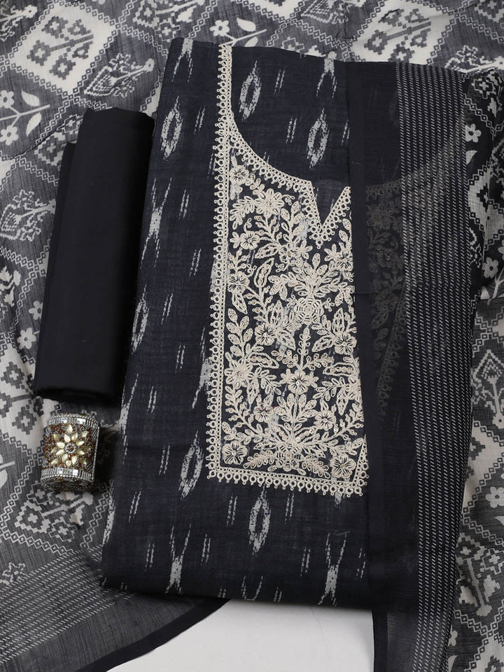Embroidered Linen Blend Unstitched Suit With Pant &amp; Dupatta