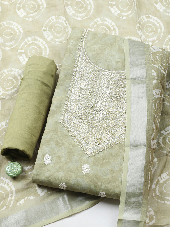 Embroidered Linen Blend Unstitched Suit With Pant Dupatta