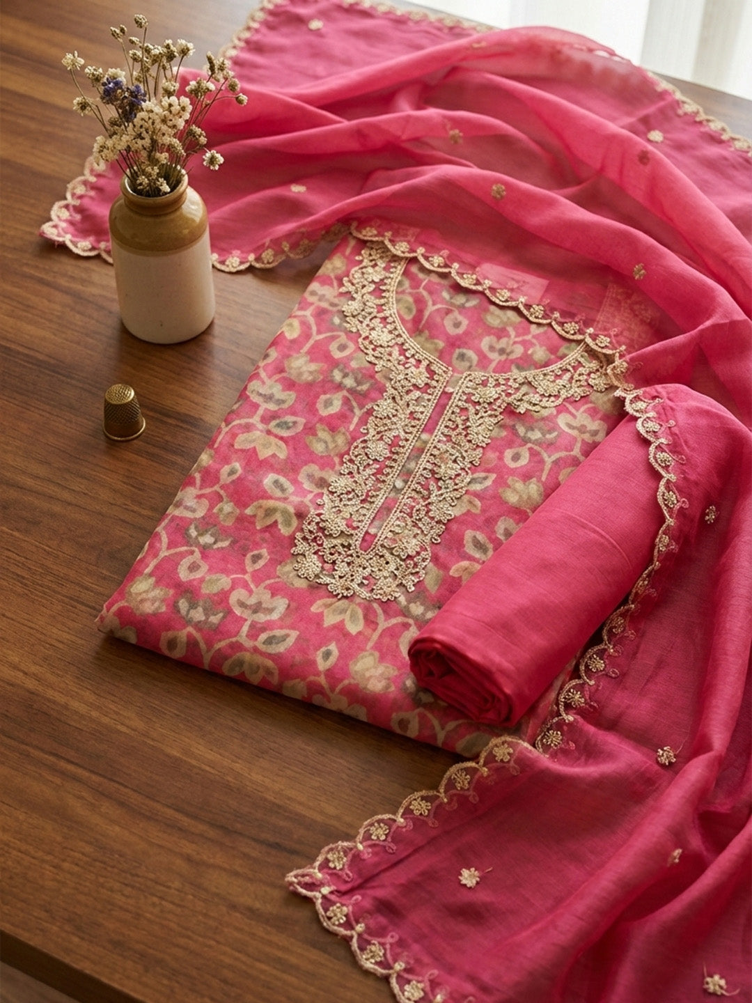 Embroidered Cotton Blend Unstitched Suit With Pant &amp; Dupatta