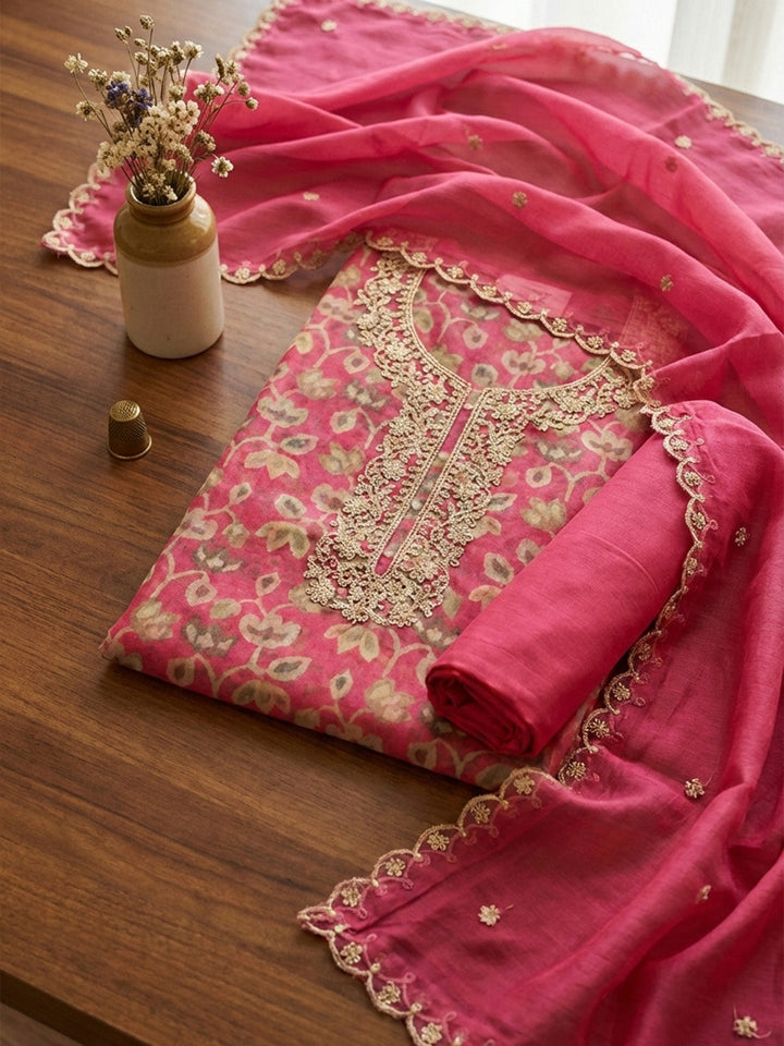 Embroidered Cotton Blend Unstitched Suit With Pant &amp; Dupatta