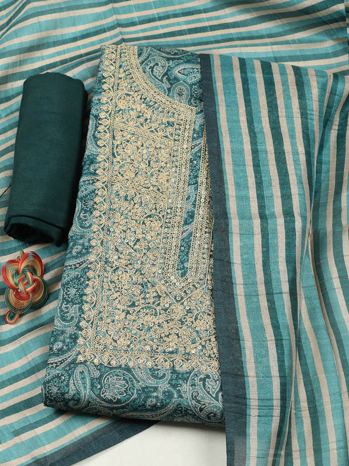 Embroidered Chanderi Unstitched Suit With Pant &amp; Dupatta