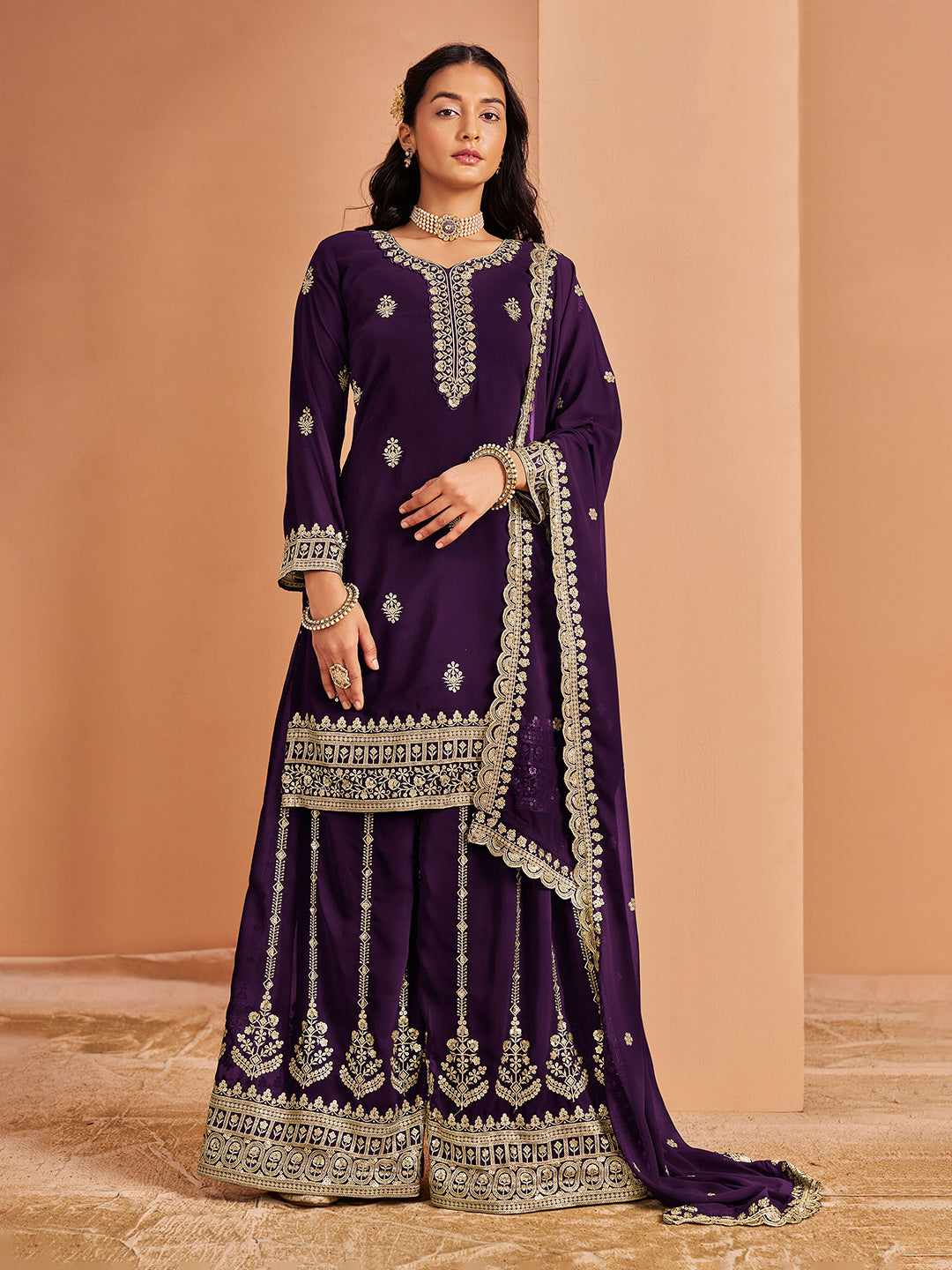 Embroidered Georgette Semi Stitched Kurta With Plazzo &amp; Dupatta