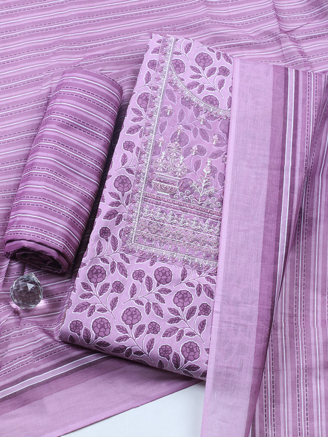 Embroidered Cotton Blend Unstitched Suit With Pant &amp; Dupatta