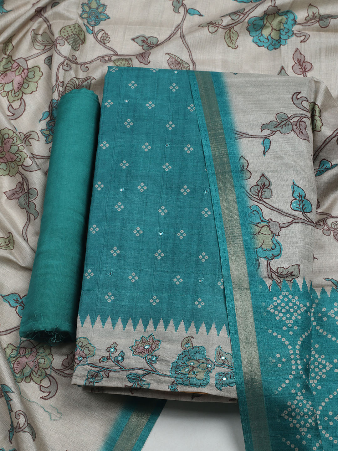 Embroidered Tussar Unstitched Suit With Dupatta