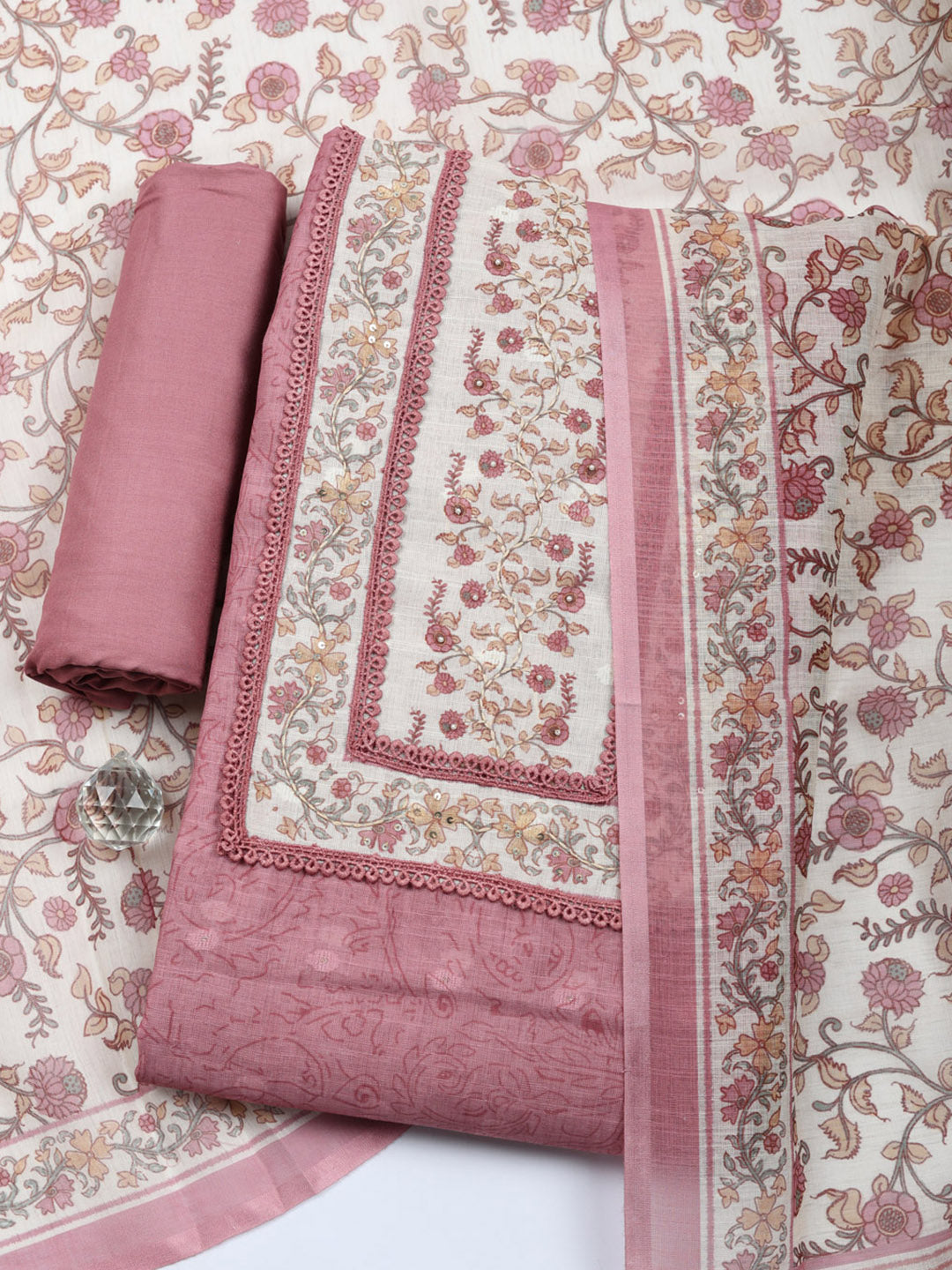Embroidered Cotton Blend Unstitched Suit With Pant &amp; Dupatta