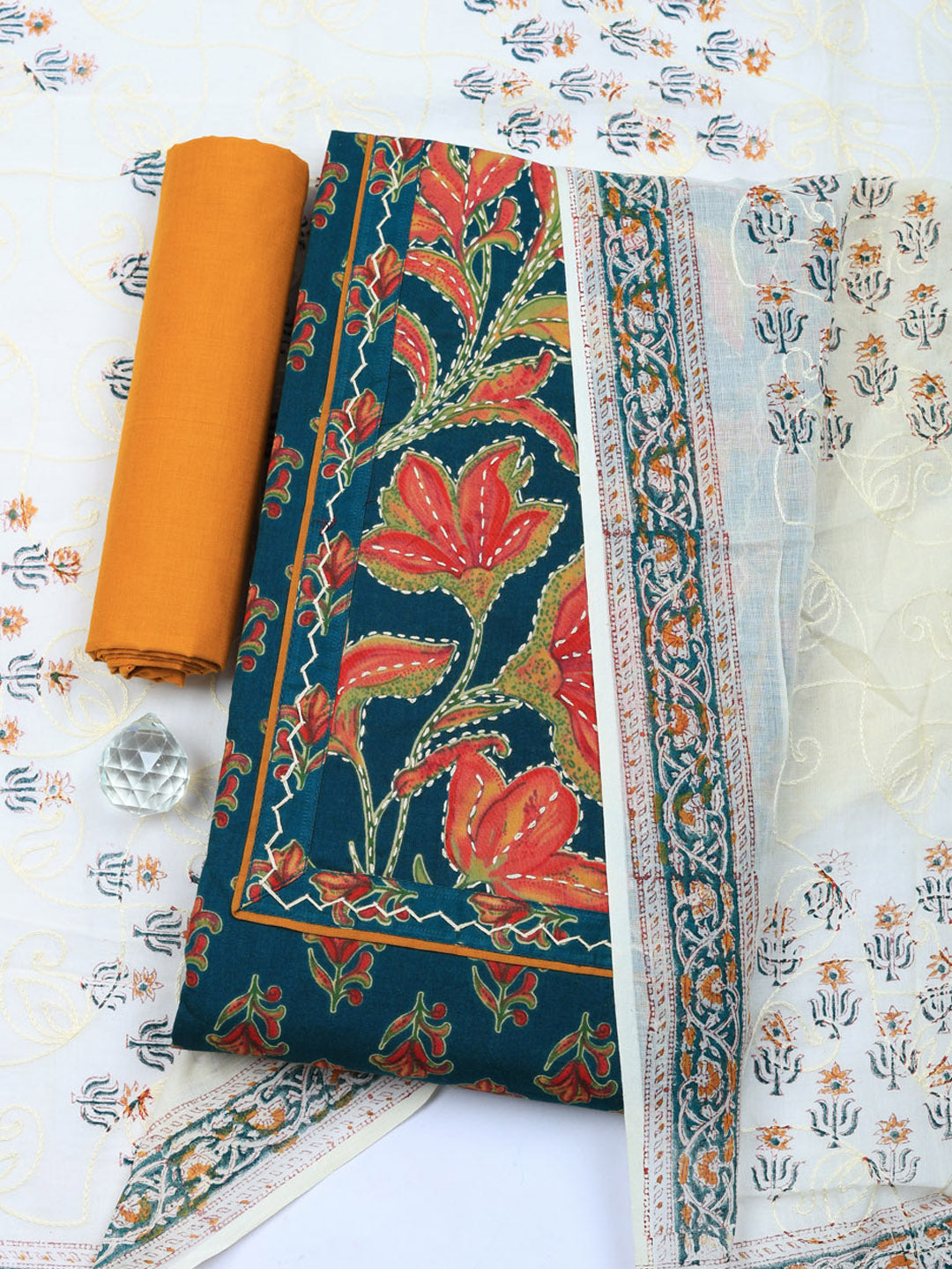 Printed Cotton Blend Unstitched Suit With Pant &amp; Dupatta