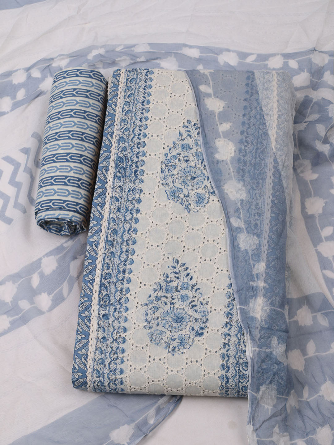 Embroidered Cotton Unstitched Suit With Pant Dupatta