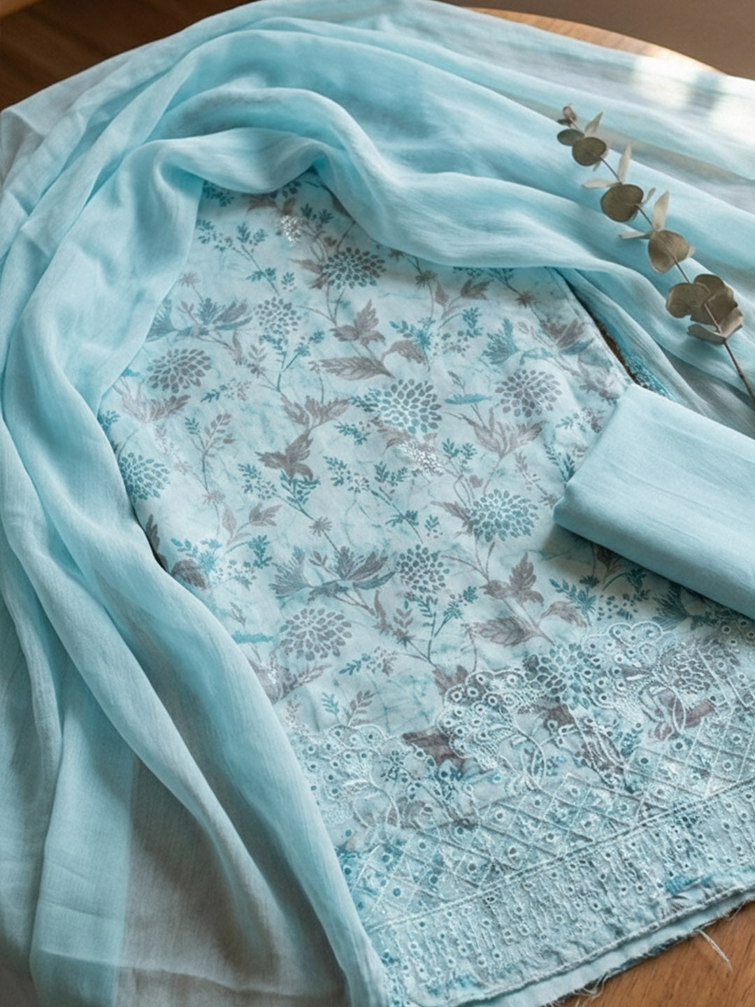Embroidered Cotton Blend Unstitched Suit With Pant &amp; Dupatta