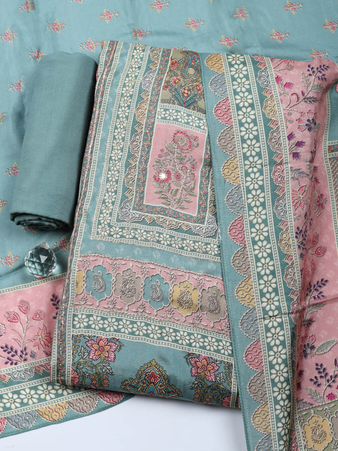 Embroidered Muslin Unstitched Suit With Pant &amp; Dupatta