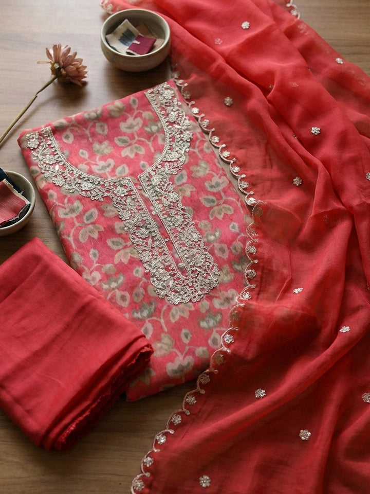 Embroidered Cotton Blend Unstitched Suit With Pant &amp; Dupatta