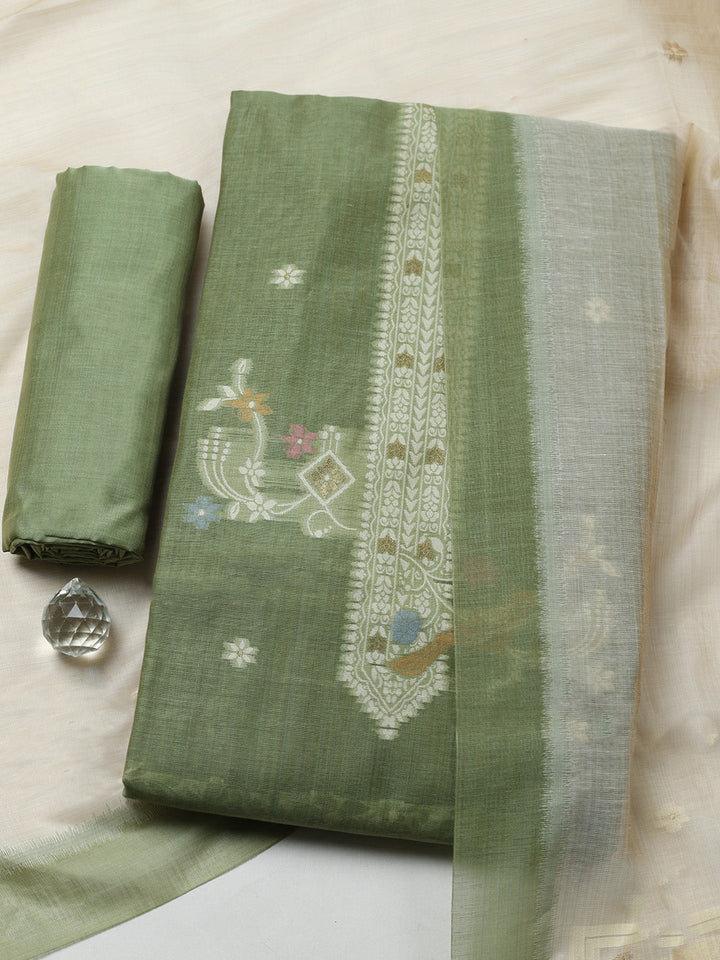 Printed Chanderi Unstitched Suit With Pant &amp; Dupatta