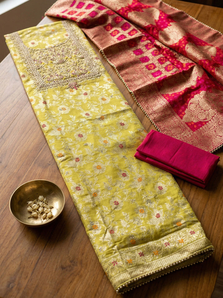Banarasi Chanderi Unstitched Suit With Pant &amp; Dupatta