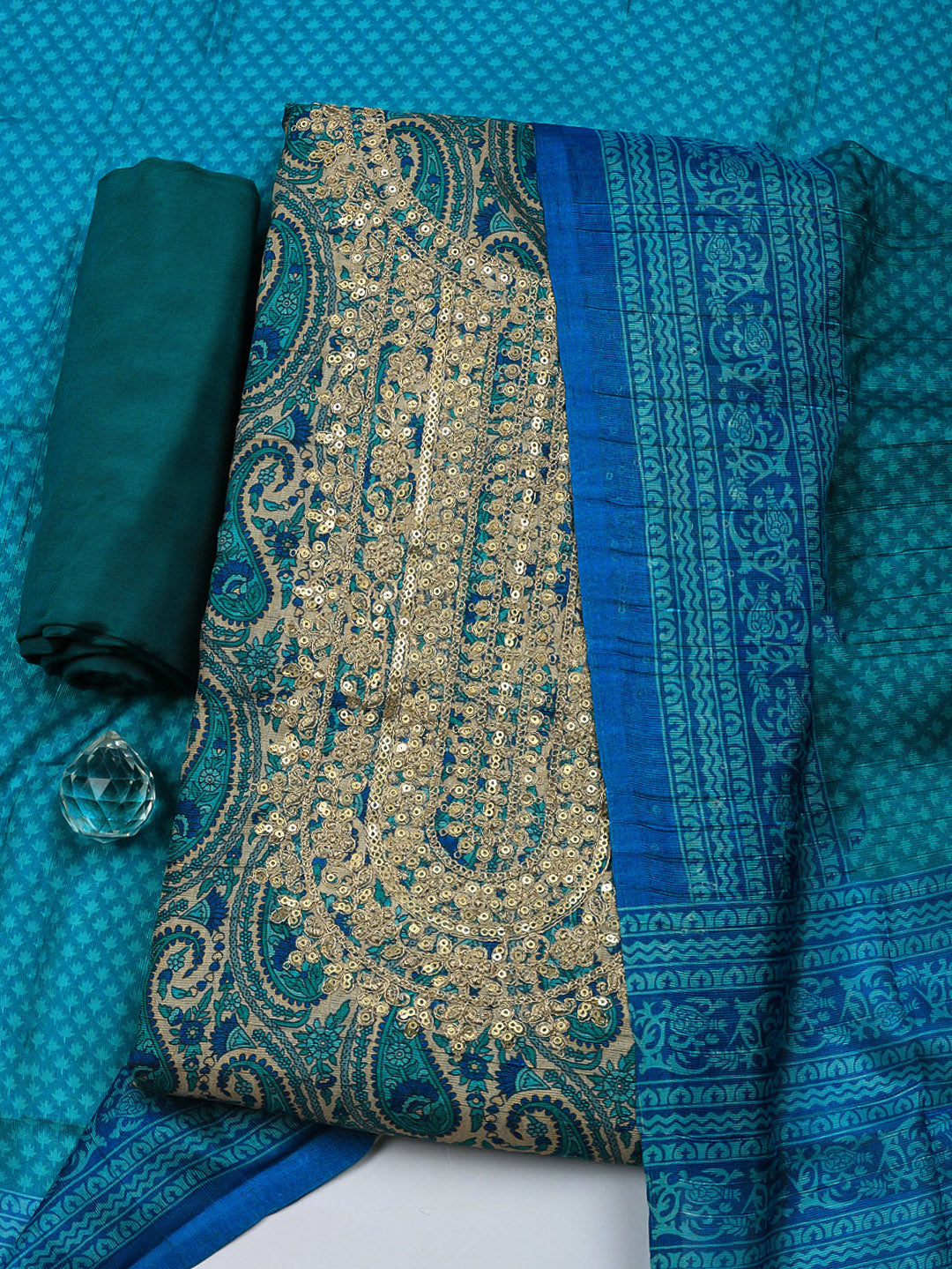 Embroidered Cotton Blend Unstitched Suit With Pant &amp; Dupatta