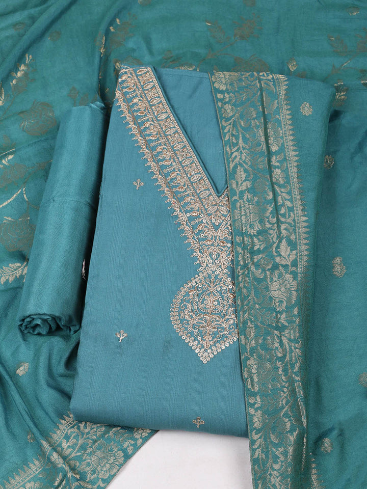 Embroidered Chanderi Unstitched Suit With Pant &amp; Dupatta