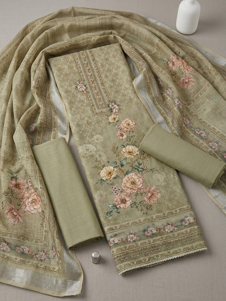 Printed Linen Blend Unstitched Suit With Pant &amp; Dupatta