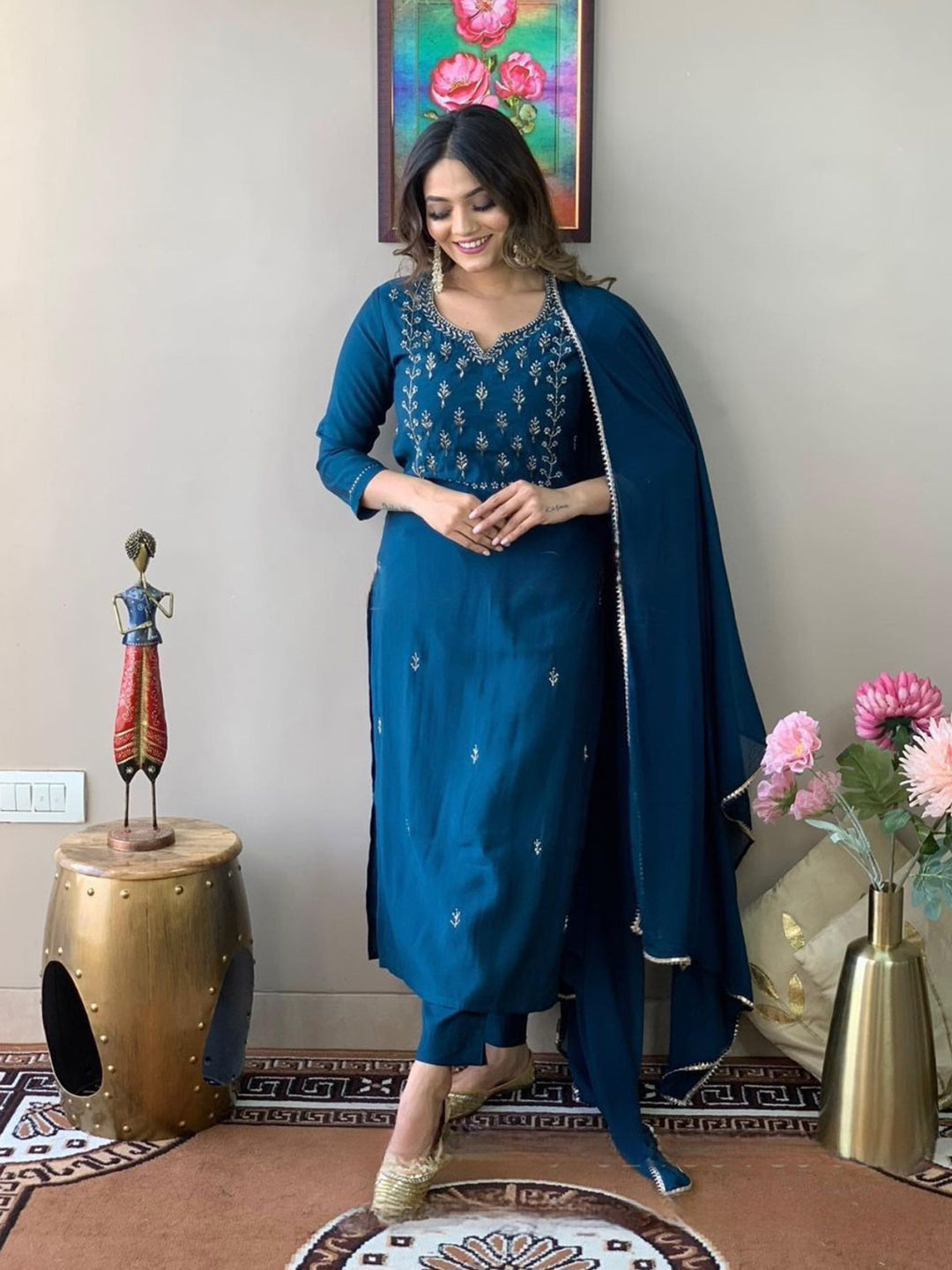 Neck Embroidery Cotton Blend Kurta With Pants &amp; Dupatta