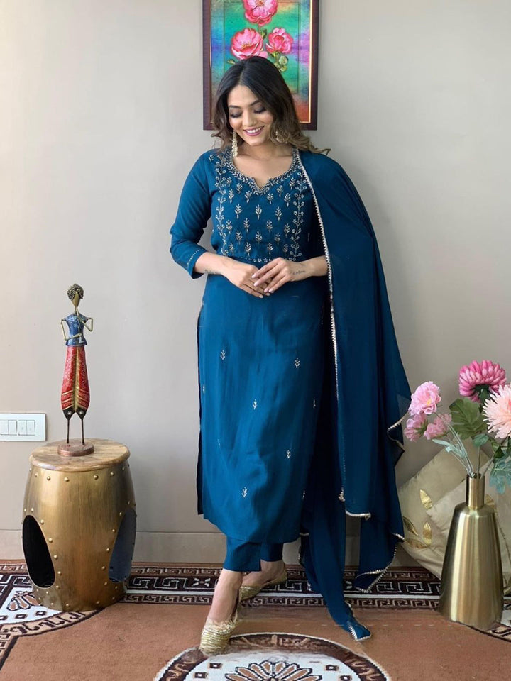Neck Embroidery Cotton Blend Kurta With Pants &amp; Dupatta