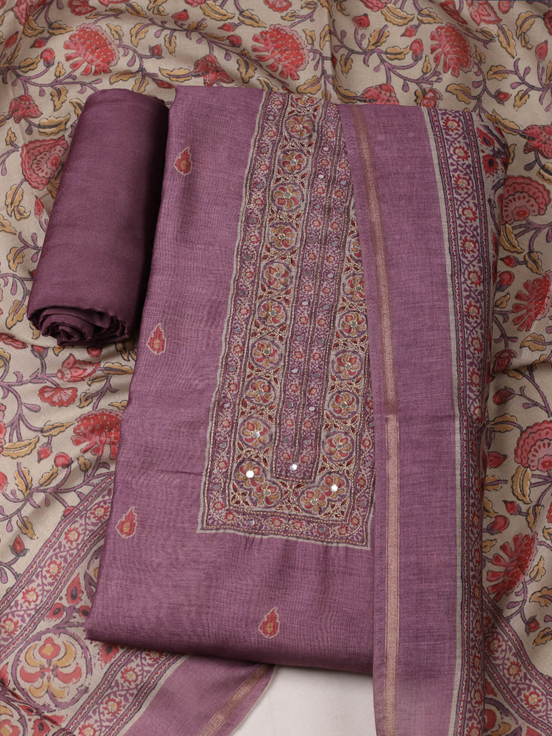 Printed Chanderi Unstitched Suit With Pant &amp; Dupatta
