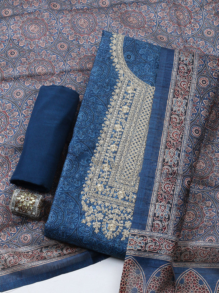 Embroidered Cotton Blend Unstitched Suit With Pant &amp; Dupatta