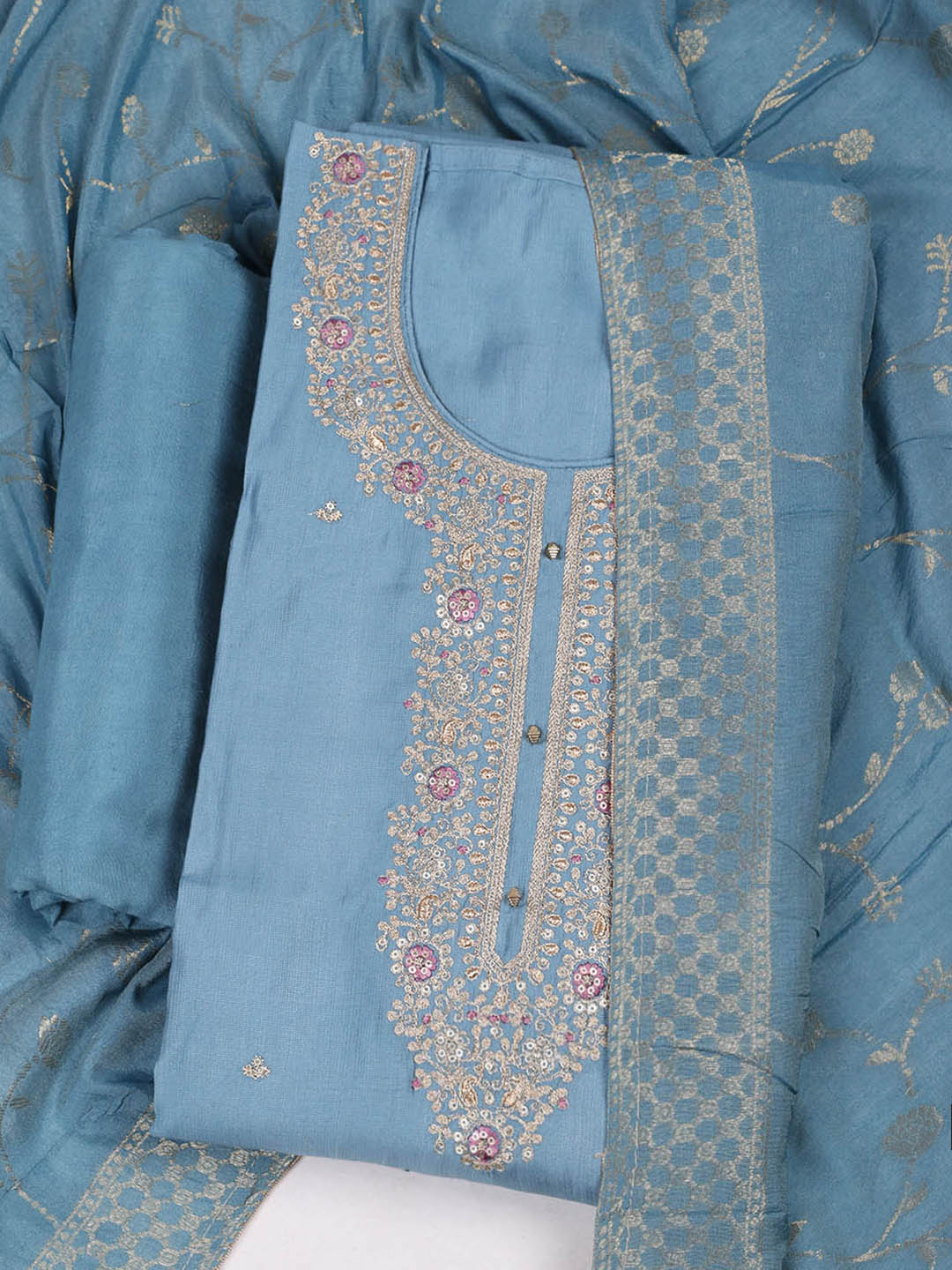 Embroidered Chanderi Unstitched Suit With Pant &amp; Dupatta