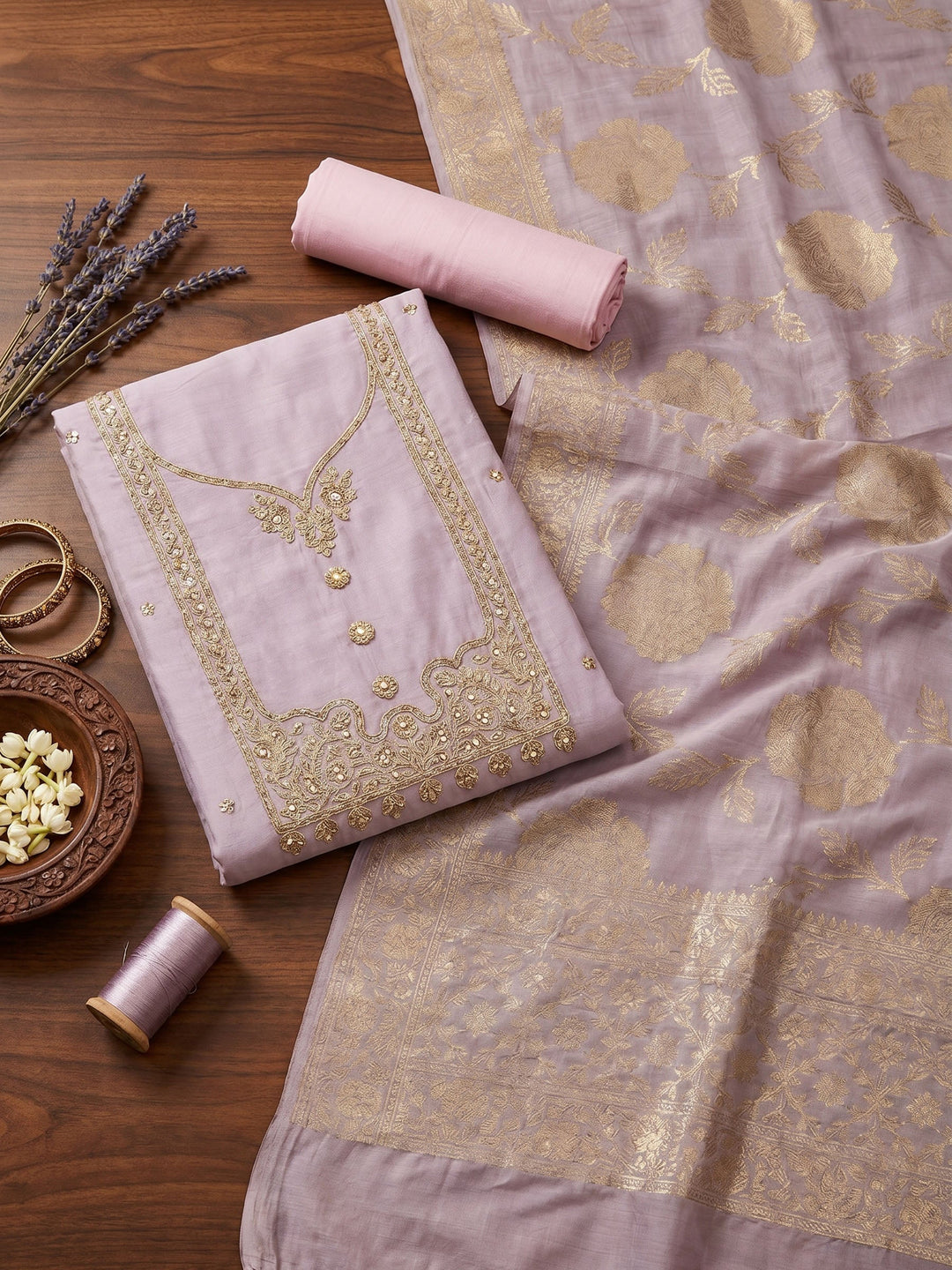 Neck Embroidered Cotton Blend Unstitched Suit With Dupatta
