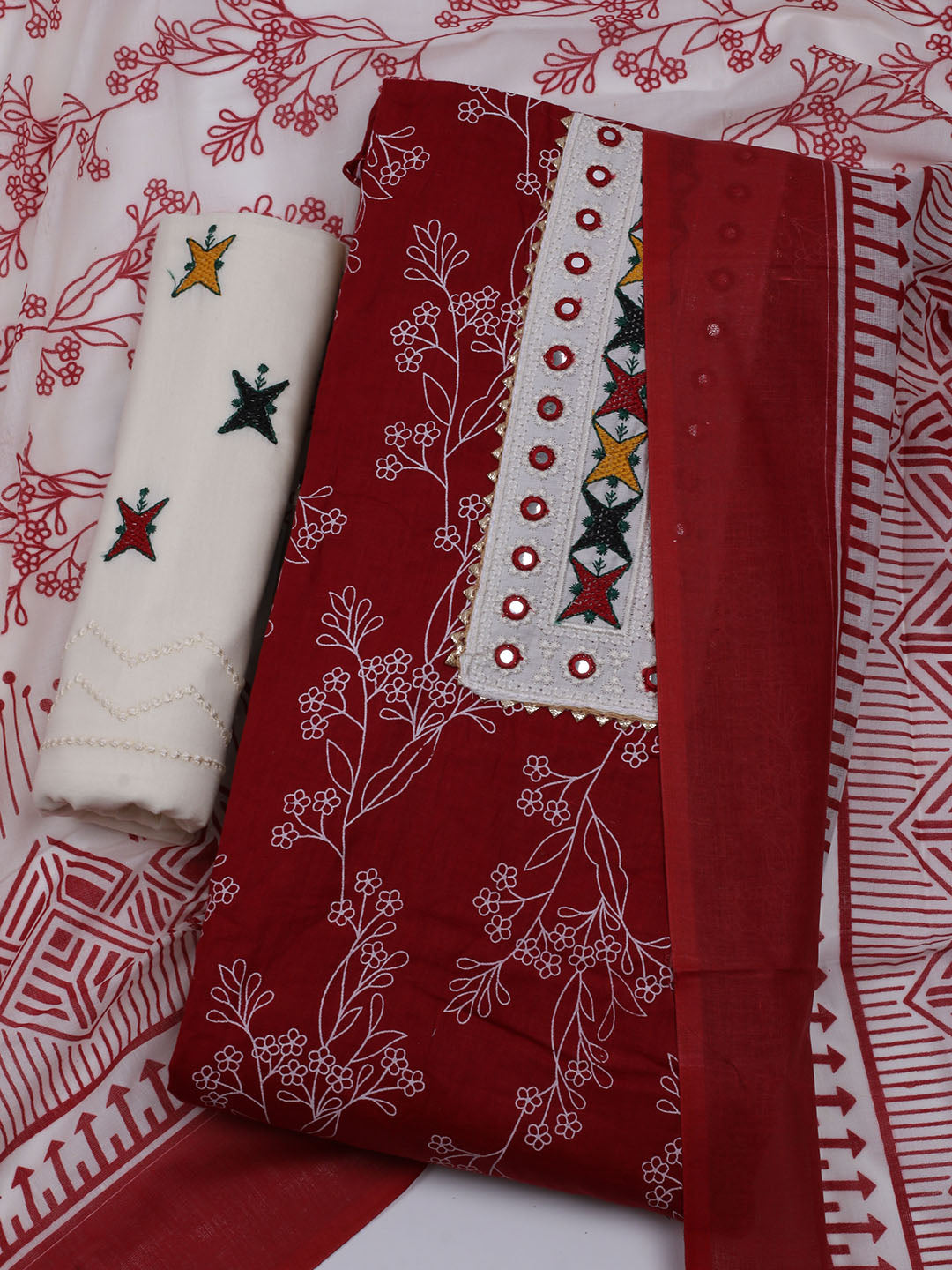 Printed Cotton Blend Unstitched Suit With Dupatta