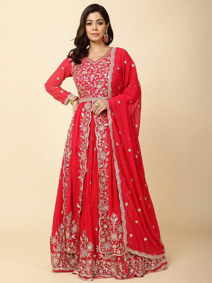 Resham Embroidery Georgette Kurta With Lehenga &amp; Dupatta