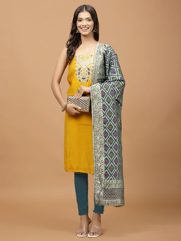 Neck Embroidered Chanderi Unstitched Suit Piece With Dupatta