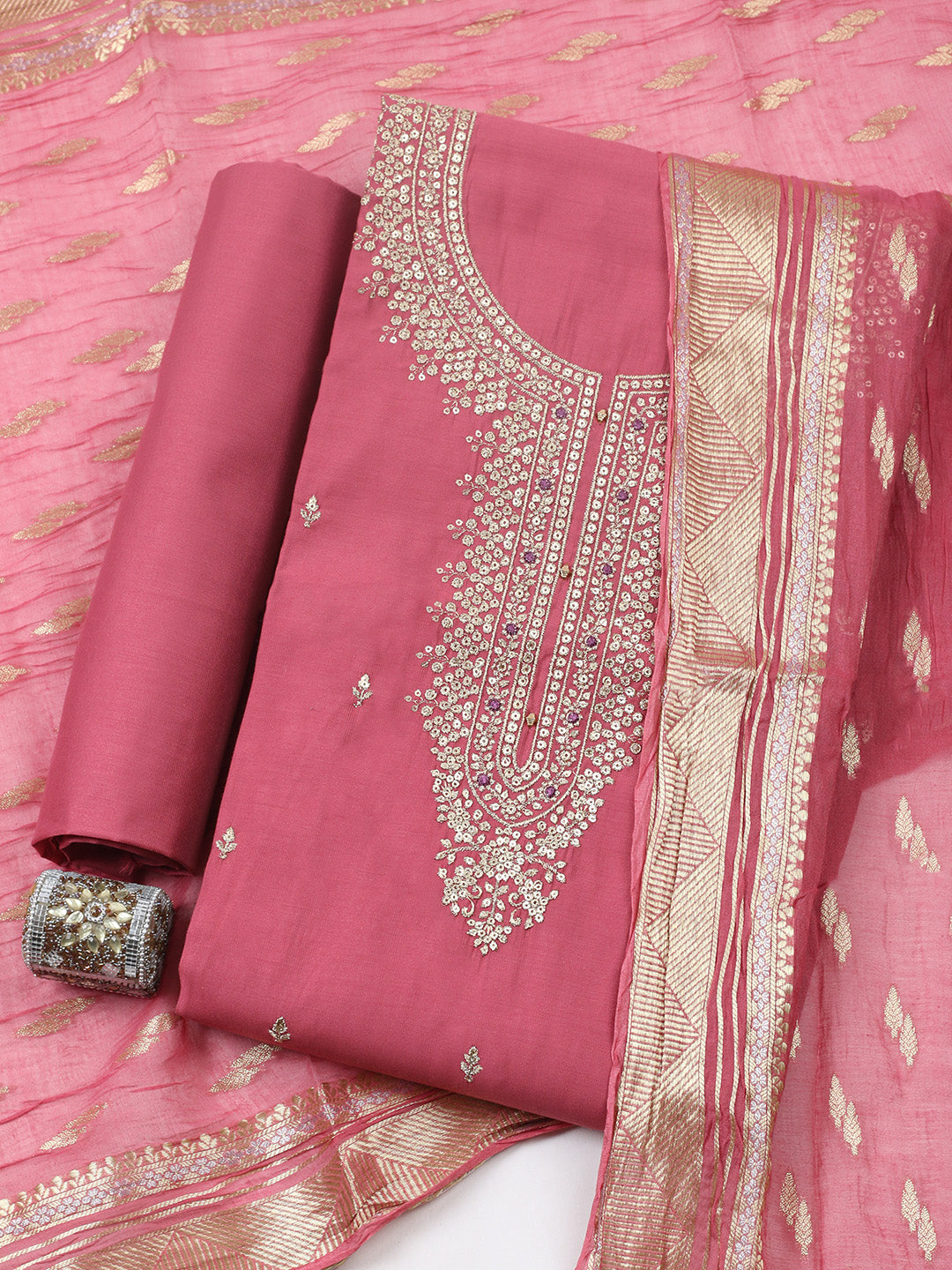 Embroidered Chanderi Unstitched Suit With Pant &amp; Dupatta