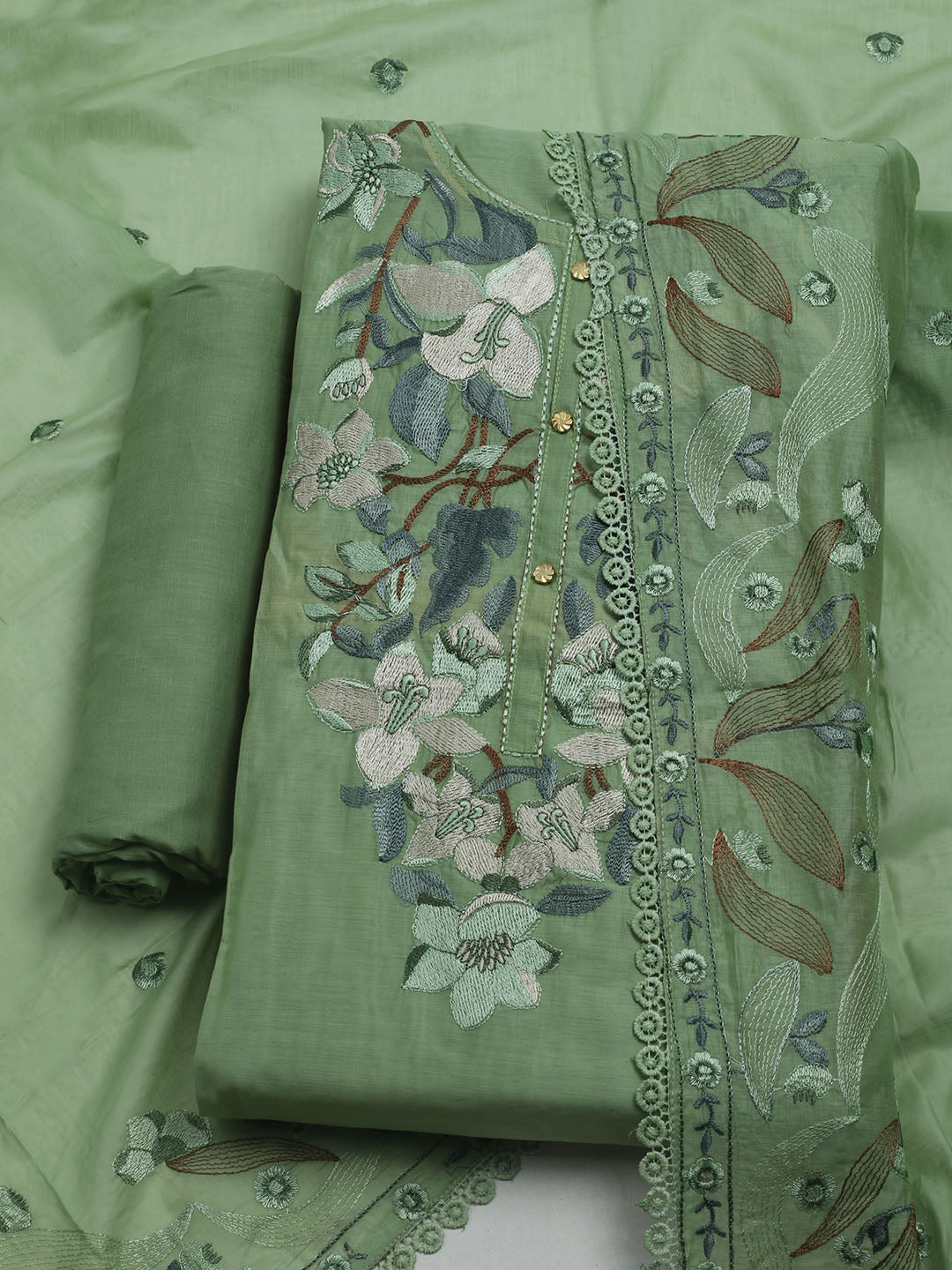 Embroidered Chanderi Unstitched Suit With Dupatta