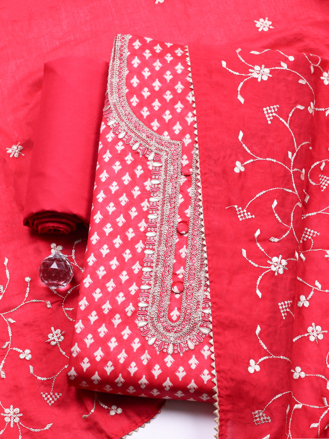 Embroidered Cotton Unstitched Suit With Pant &amp; Dupatta