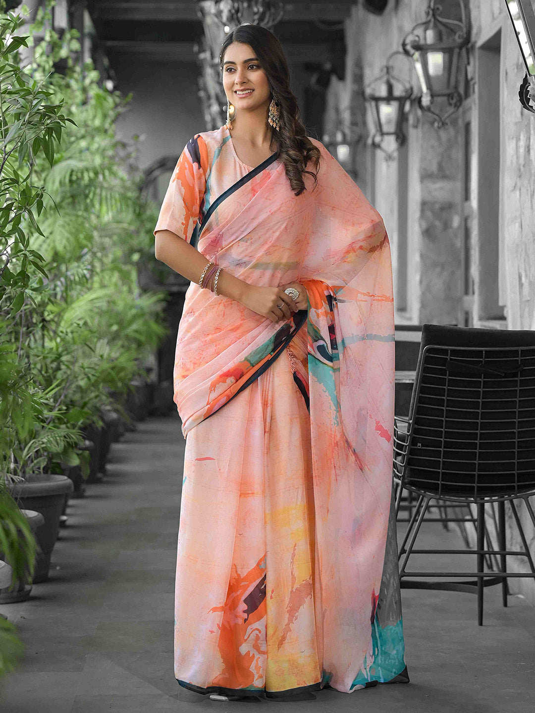 Printed Georgette Readymade Saree With Stitched Blouse
