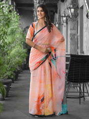 Printed Georgette Readymade Saree With Stitched Blouse