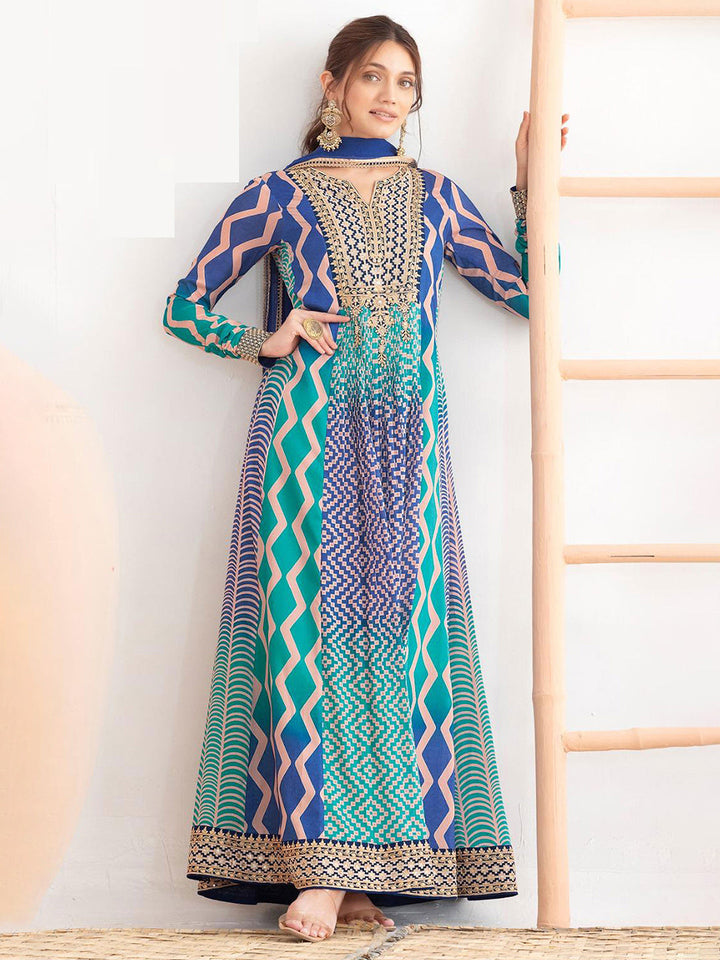 Embroidered Chinnon Gown With Dupatta