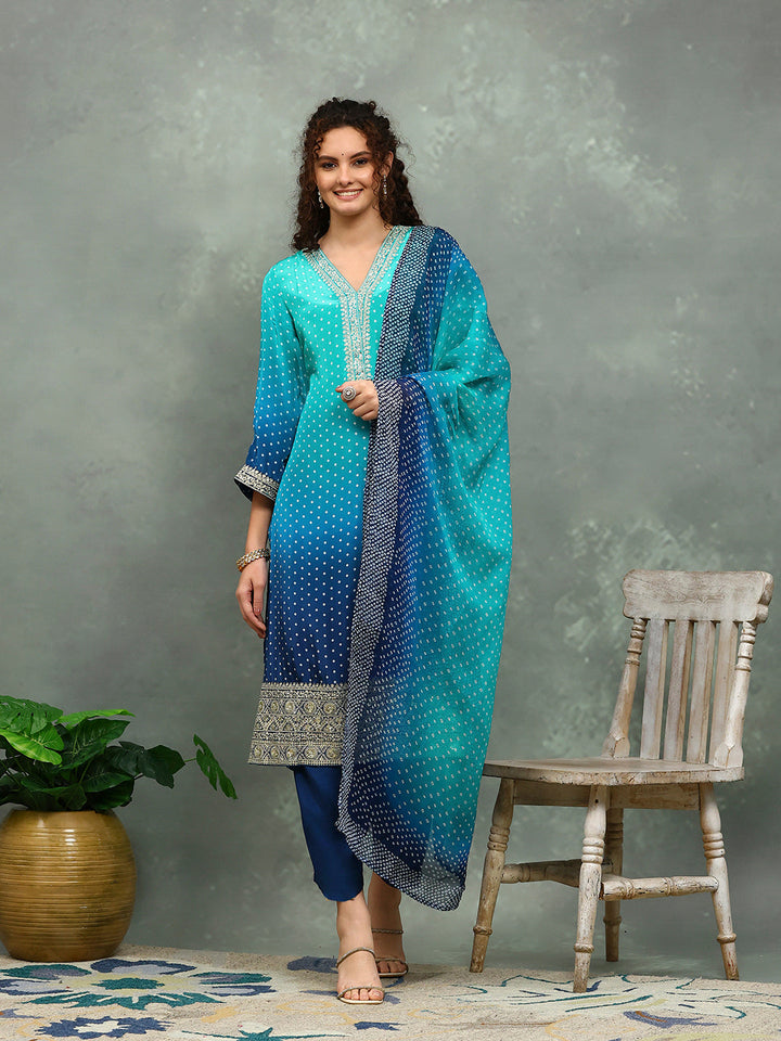 Bandhani Printed Crepe Kurta With Pants &amp; Dupatta