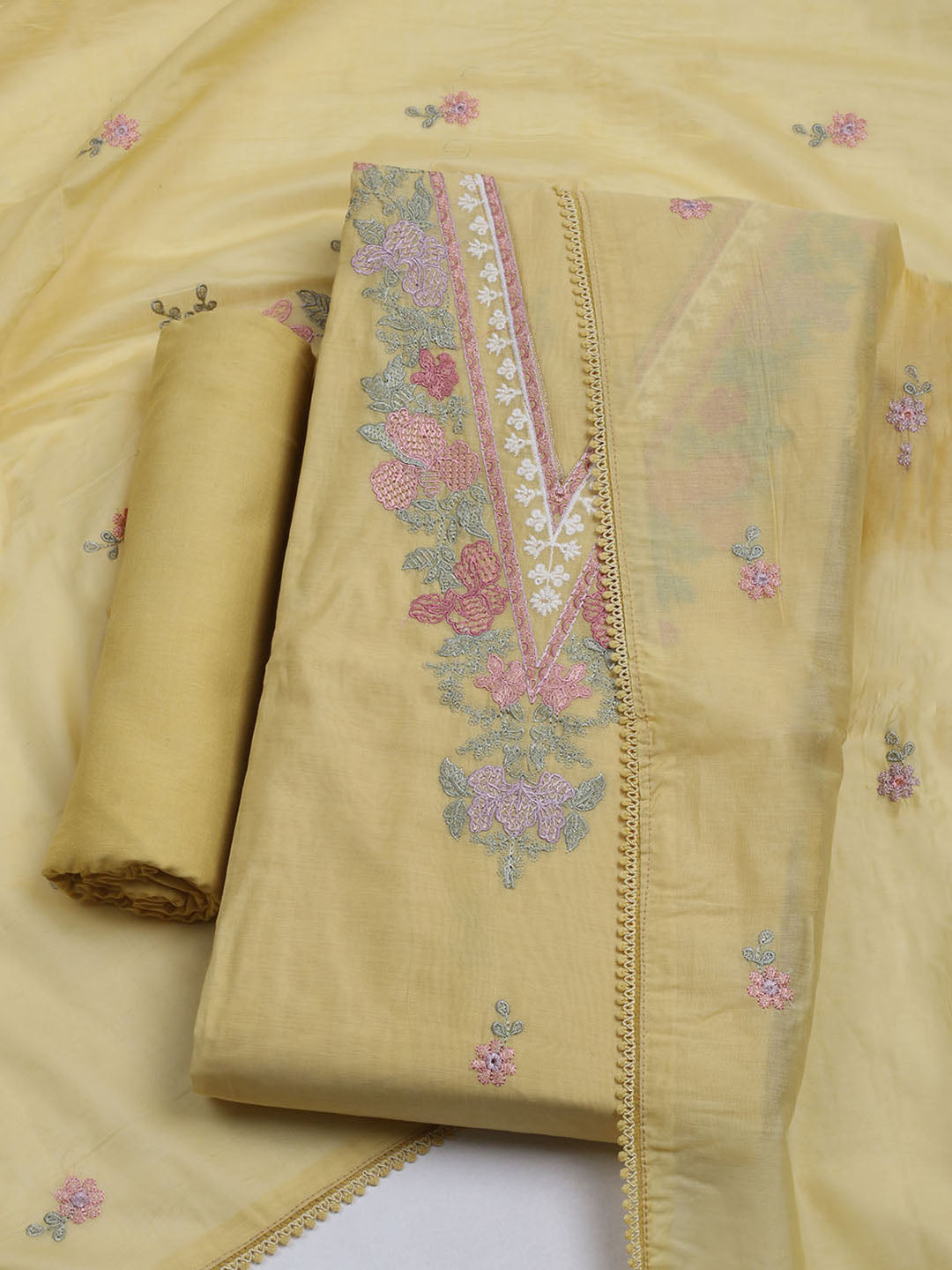 Embroidered Chanderi Unstitched Suit With Dupatta