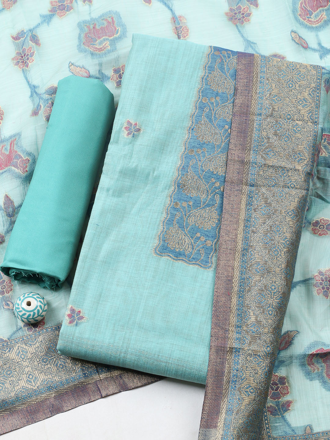 Woven Design Chanderi Unstitched Suit With Pant Dupatta